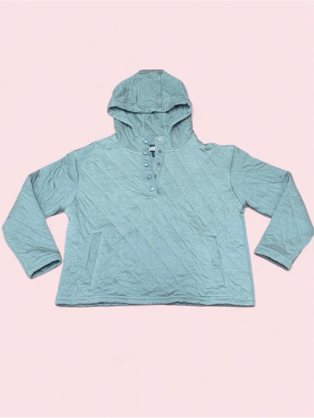 Lands’ End Quilted Hoodie Sage Green Relaxed Fit Pullover Large 12-14